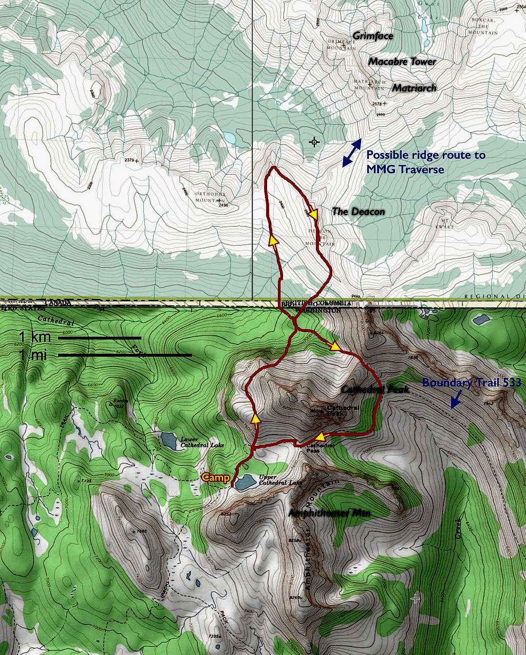 Map of a nice exploration from Cathedral Peak area to The Deacon