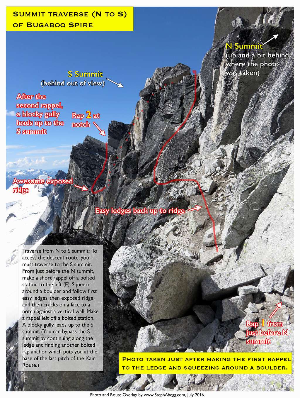 Route Overlay ridge traverse (N to S summit) of Bugaboo Spire