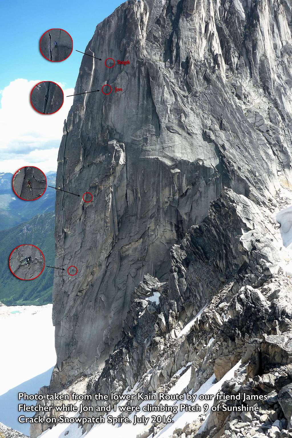 Climbers on Sunshine Crack on Snowpatch Spire