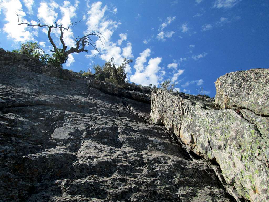 Looking up near the top of an easy 5.5 crack on the West Slab route of Mount Olympus, Wasatch Range UT