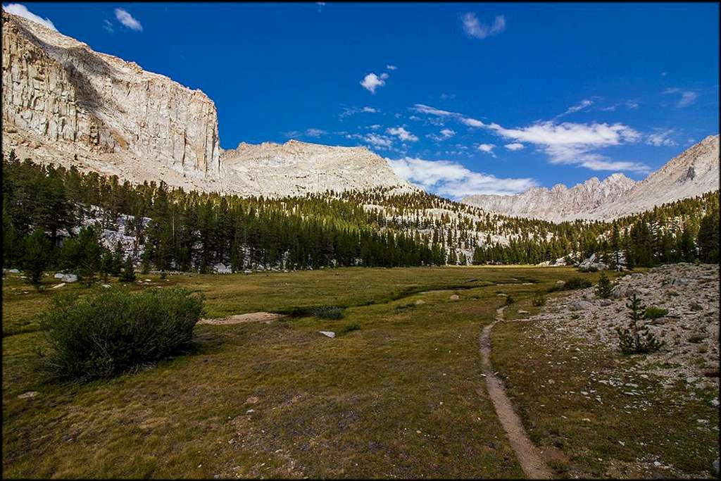 Granite cliffs of Miter Basin from lower along Rock Creek.