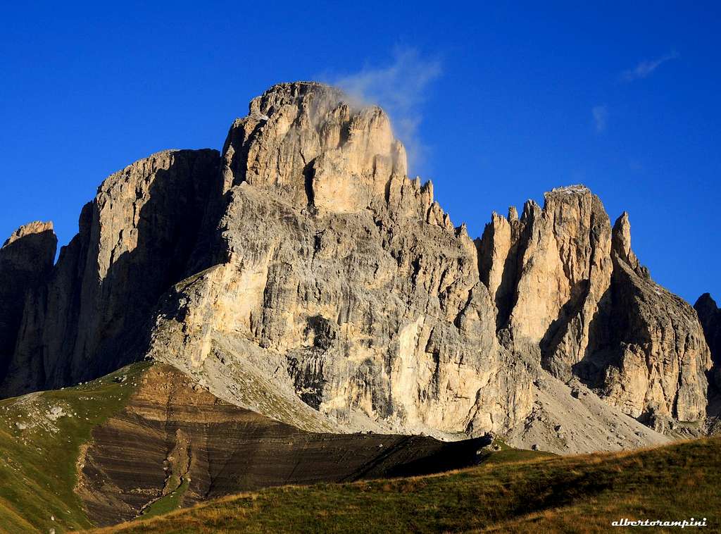 Punta Grohmann and Cinque Dita seen from the approach to Torre Innerkofler