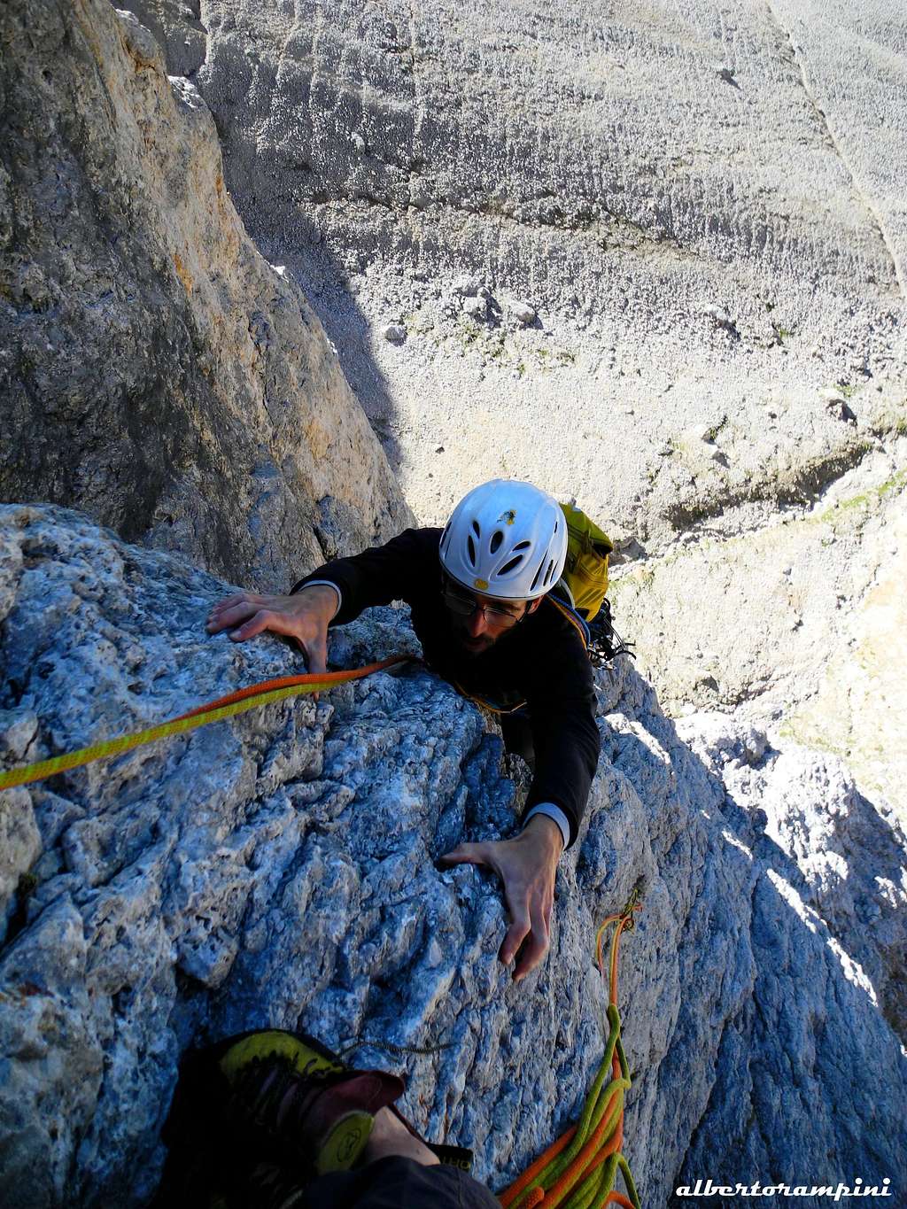 A difficult belaying on Via del Calice, Torre Innerkofler