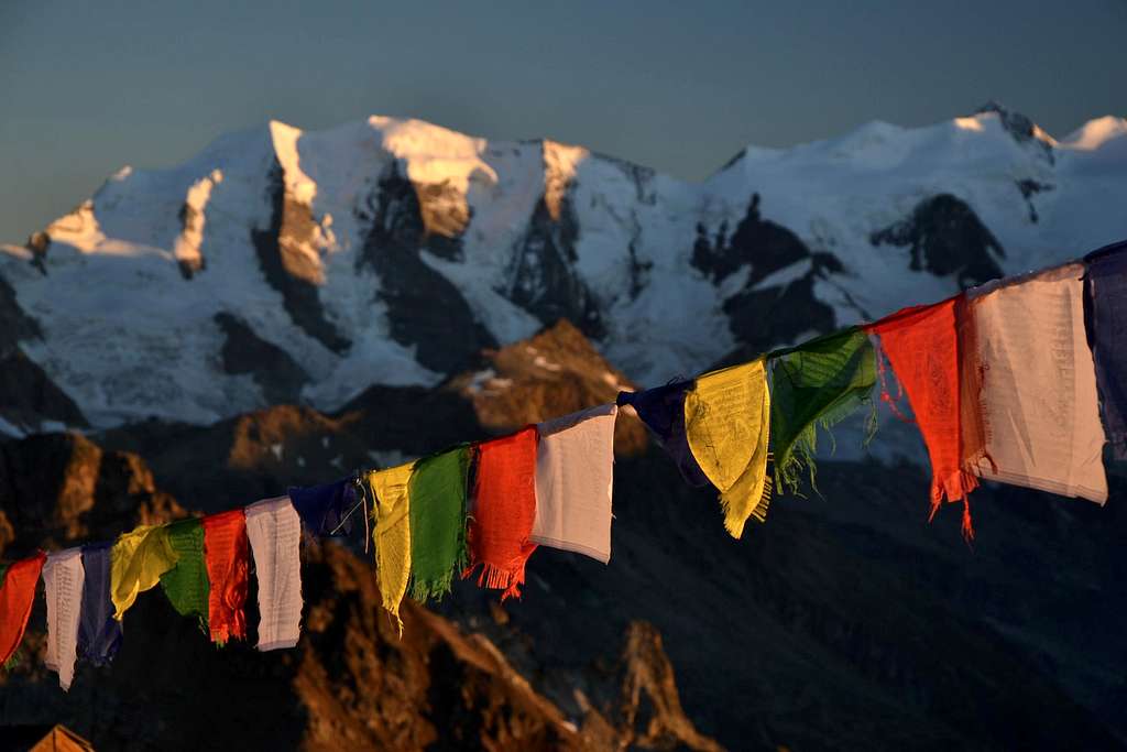Tibetan flags in front of the Piz Palü