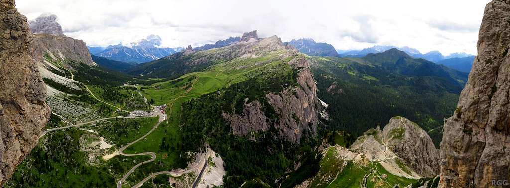 Panoramic view over the Falzarego pass and beyond from the south arete of Sass de Stria