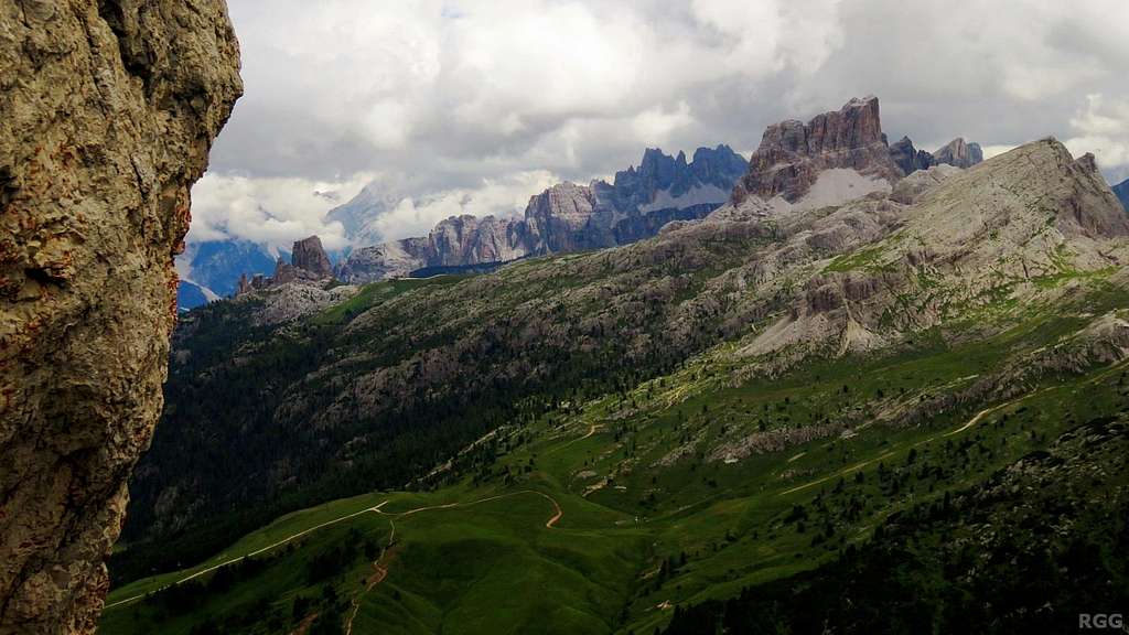 Panorama from high on Sass de Stria, spanning from Cinque Torri to Croda Negra