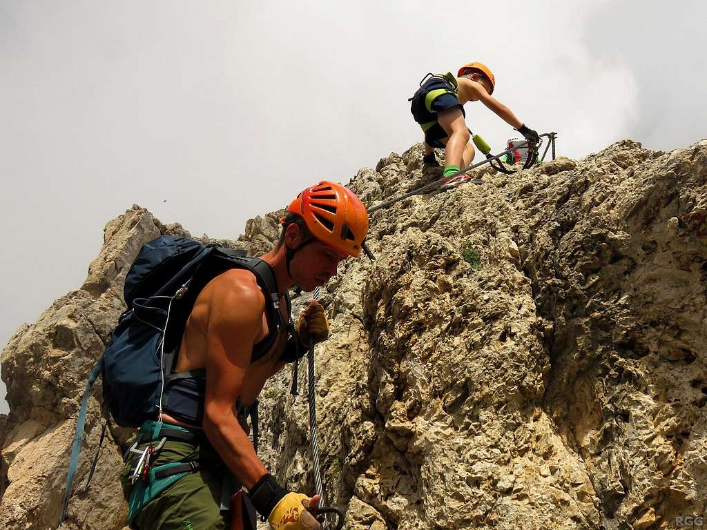 Climbers on the Piccolo Cir via ferrata