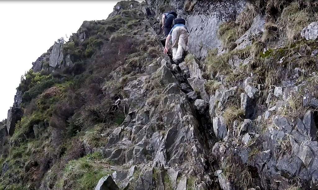 Climbing the lower rocks of Jacks Rake