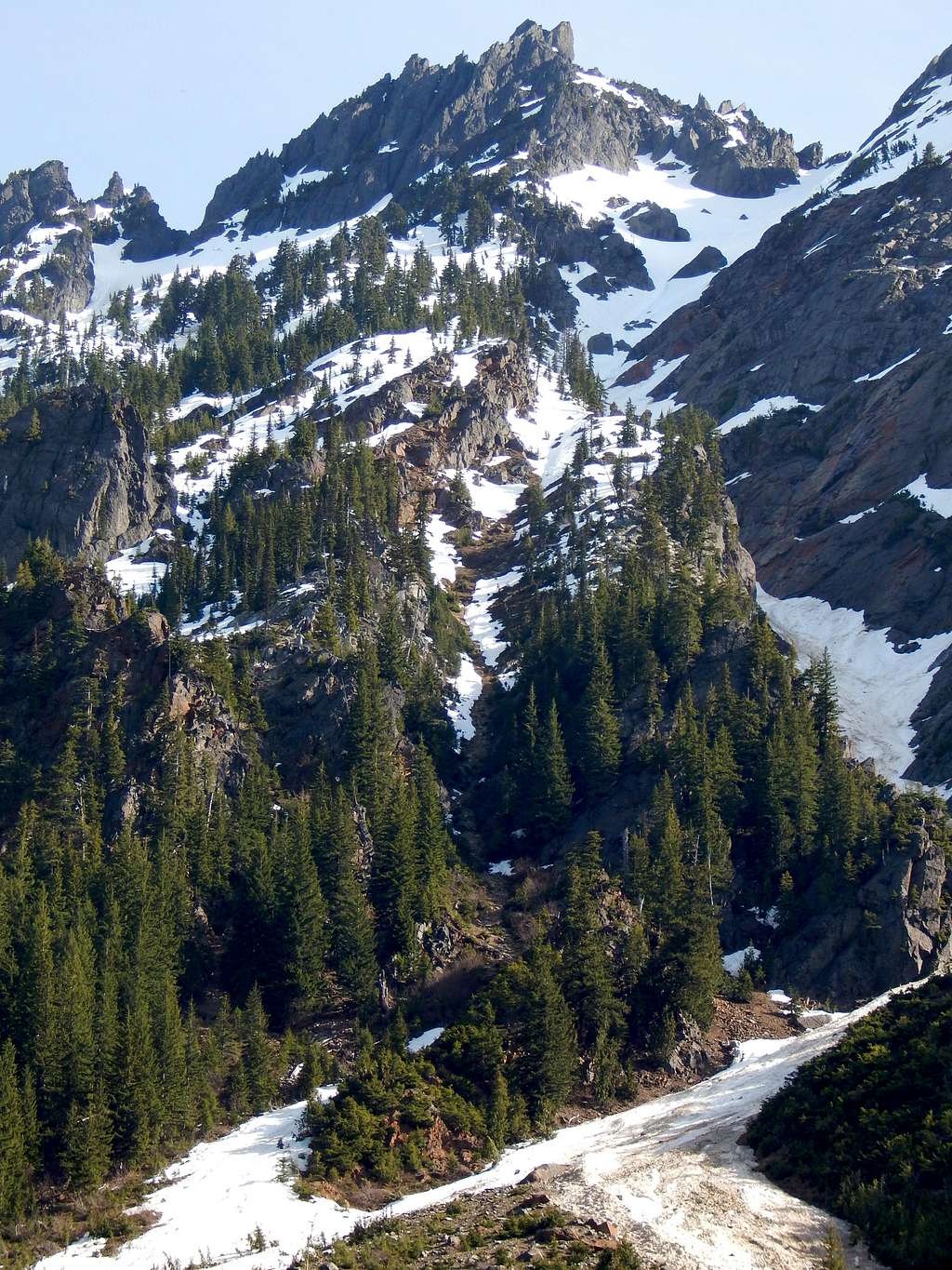 'Thin Scree Gully' (center) and 'Major Gully' (right) on South Gemini Peak