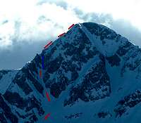 Red is line of ski descent,...