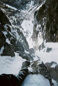 Rap point in middle of dragontail couloir ski descent,, november 06