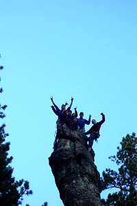 A crowded summit on a spire in the Needles South Dakota