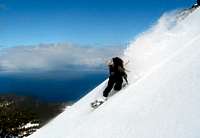 Snowboarding above Lake Tahoe...