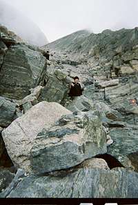 Longs Peak-The Decsent-K navigating the rough terrain near the bottom of the Trough