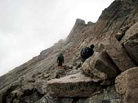 Longs Peak-The Descent-The Ledges-K and Dan-Dan looking for the way to the Keyhole
