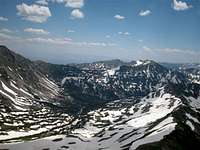 The snow-covered basin from the ridge top