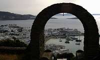 Arch overlooking the harbor at Mykonos