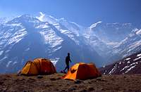 Putha Hiunchuli base camp, Dhaulagiri Himal, Nepal, 2008.  The NW face of Churen Himal is right of center and is UNCLIMBED!!!