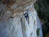 Exposed, stem move on Leaning Tower Traverse. Yosemite.