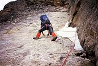  N face of Monte Emilius: Osvaldo Cardellina
 on the slab rated UIAA IV (July 28, 1984)