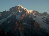 The first rays of sun on the Mont Blanc top