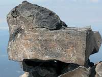 Rock inscribed on Pikers Peak, Mt Adams