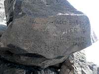 Rock inscribed on Pikers Peak, Mt Adams
