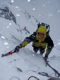 Mike lapping up the wild climbing and full conditions on 
