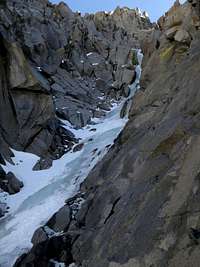 The crux ice pitch and below in the Clyde Couloir