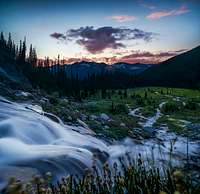 Sunset in front of the waterfall.