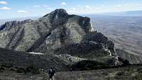 Making the ascent to Shumard Peak. Guadalupe Peak in the background