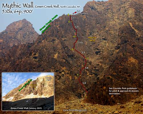 Route Overlay Mythic Wall, North Cascades, WA