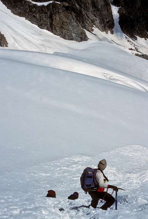 Descending the Gooseneck Glacier - Note the Avalanche Runouts at the Bottom