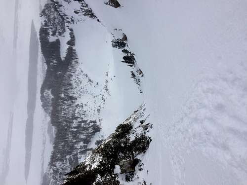 Looking down from the top of the Spoon Couloir in winter