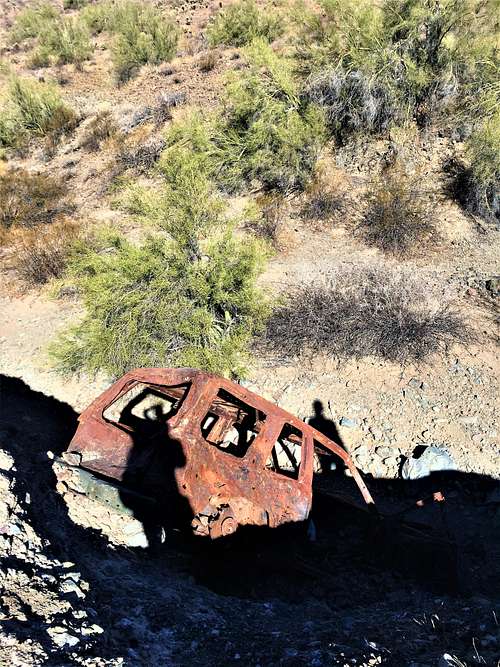 Destroyed car in a ditch along the Dixie Mountain loop