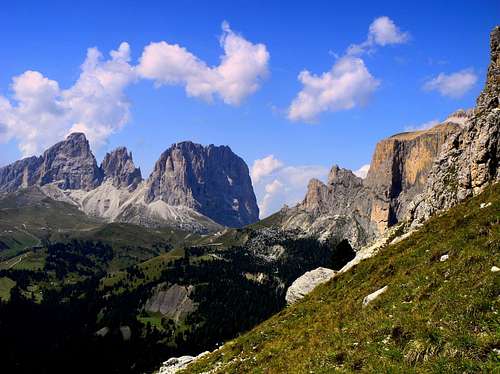 Sassolungo group (left) and Ciavazes with Sella Towers (right)