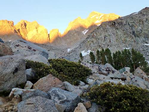Alpine glow on Mt. Agassiz entertained us as we ate dinner at our first night's campsite.