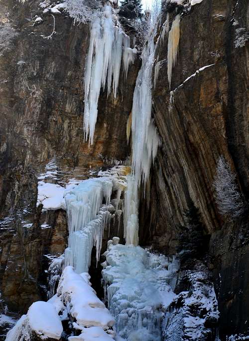 The upper part of the Bad Gastein waterfall during a severe cold period