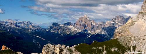 Panorama Dolomites with Tofana di Rozes in the middle seen from Torre dei Sabbioni