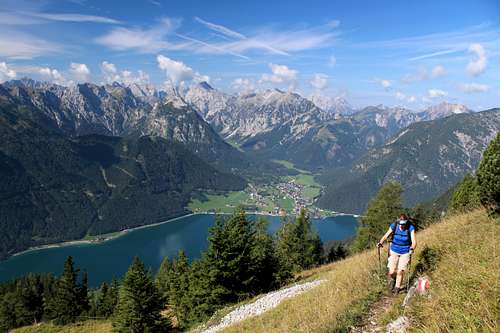 Rofan circuit - start of the Rotspitze ascent. Pertisau in the background