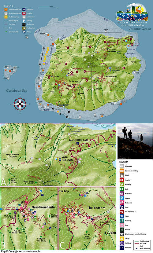 Saba Map including hiking trails.