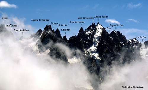 Aiguilles de Chamonix labelled panorama from Aiguilles Rouges