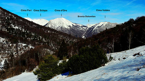 Alpi di Ledro annotated panorama from Prati di Guil