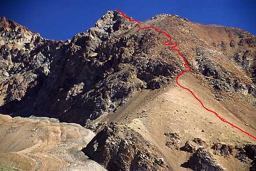 The route marked in red. Be...
