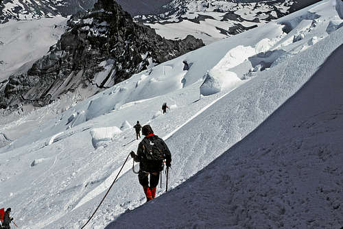 17. Descending the Emmons Glacier, avoiding crevasses