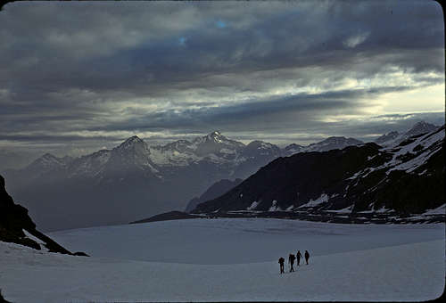 Crossing the Corbassiere Glacier early morning - Mont Fort and Bec des Rosses in distance