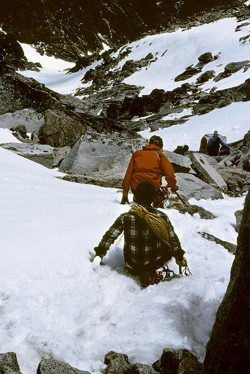 Mt. Stuart - down-climbing the summit snowfield