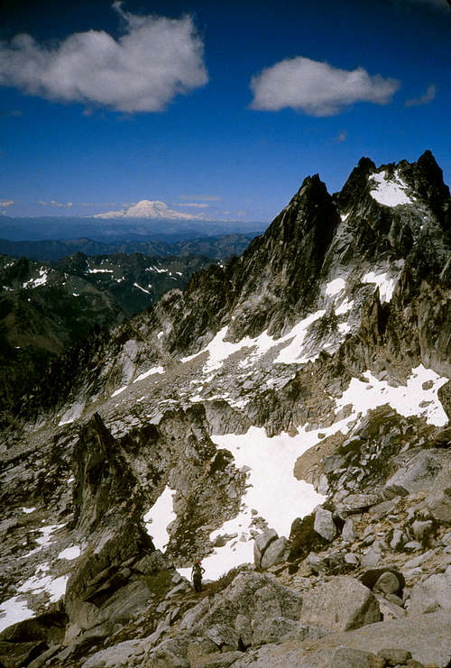 Ascending the Southwest Ridge, Argonaut to right, Rainier in distance