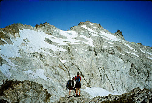 Mt. Daniel, Southeast Ridge - the snowfields we're going to traverse to the saddle beneath East Peak