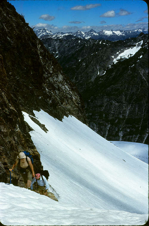 Southeast Ridge - Climbing the upper snowfield, Mt. Maude visible distant left